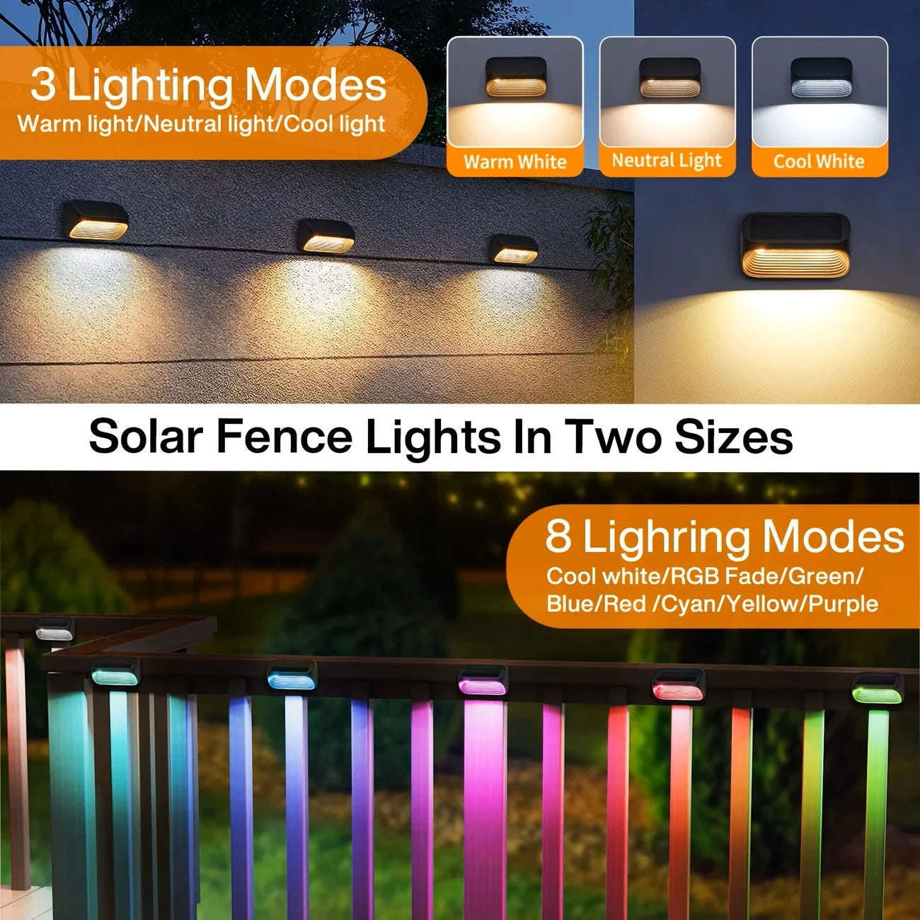 LED Solar Lights-Solar Wall Fence Lights,  Outdoor Waterproof Lamp, Warm White RGB Modes, Backyard, Patio, Deck, Railing, Wall Lights