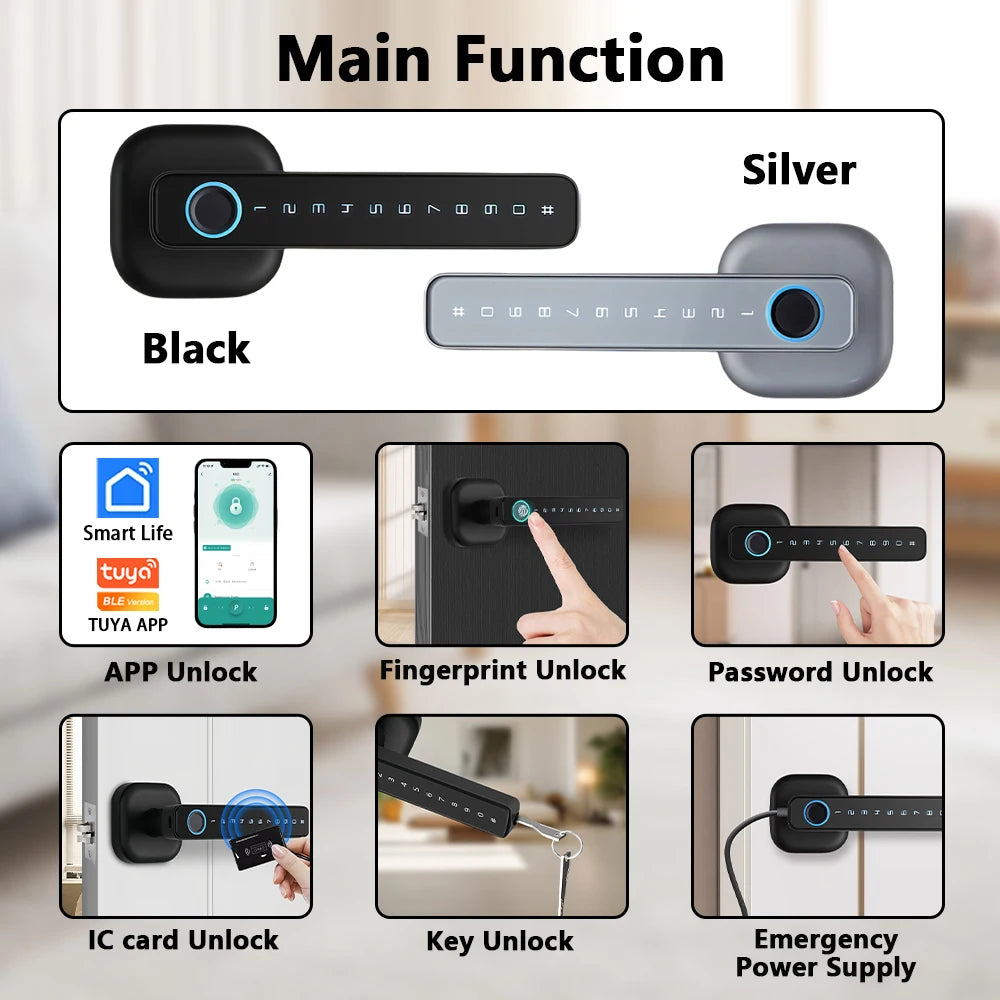 M6 Digital Fingerprint Door Lock by RAYKUBE with Tuya BLE – Password, Key, IC Card & Smartlife App Unlock