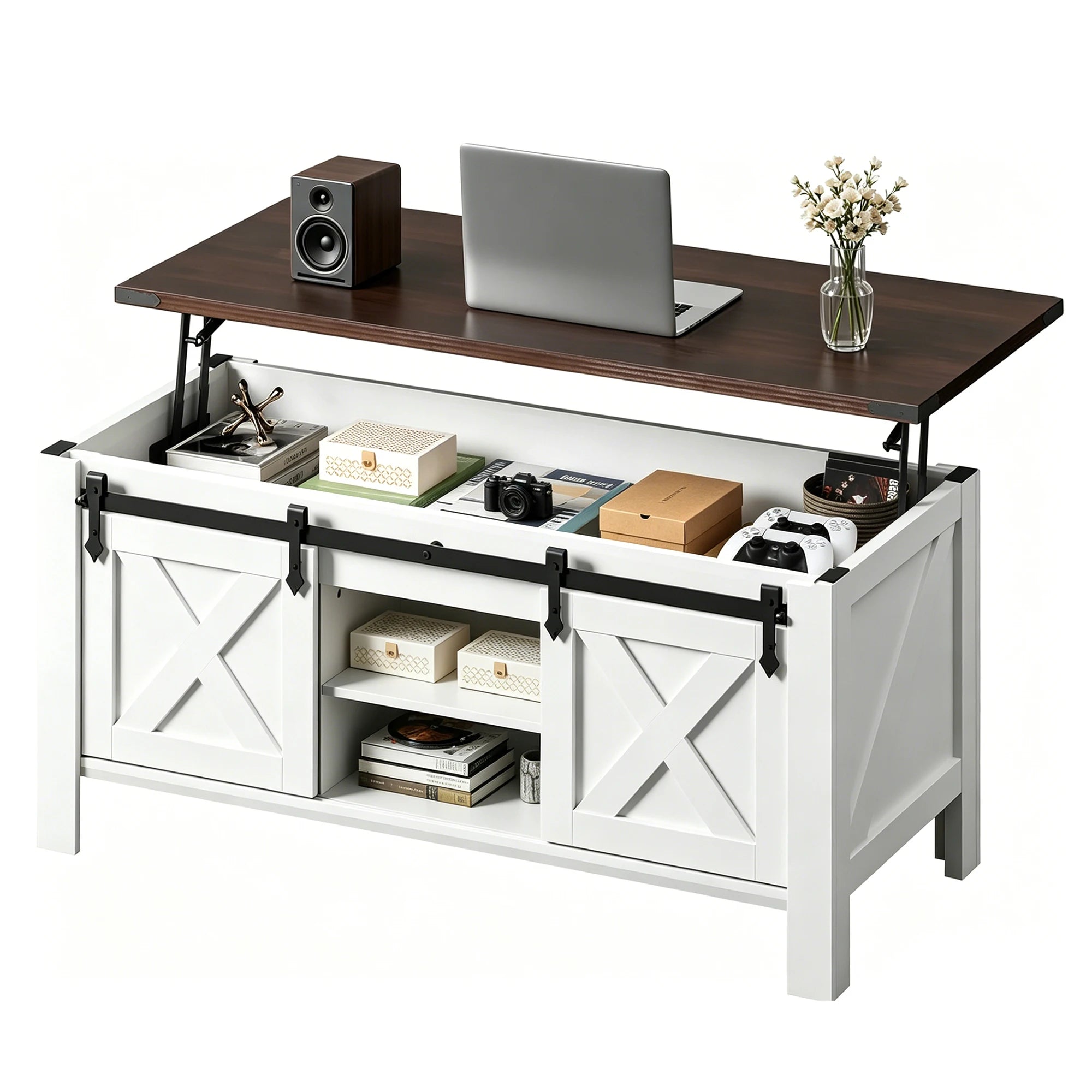 Coffee Table-Storage, White, 47.2" Lift Top, Center Table, Large Hidden Compartment, Sliding Barn Doors & Adjustable, Shelf Support, Daily Work, Dining, Leisure Use
