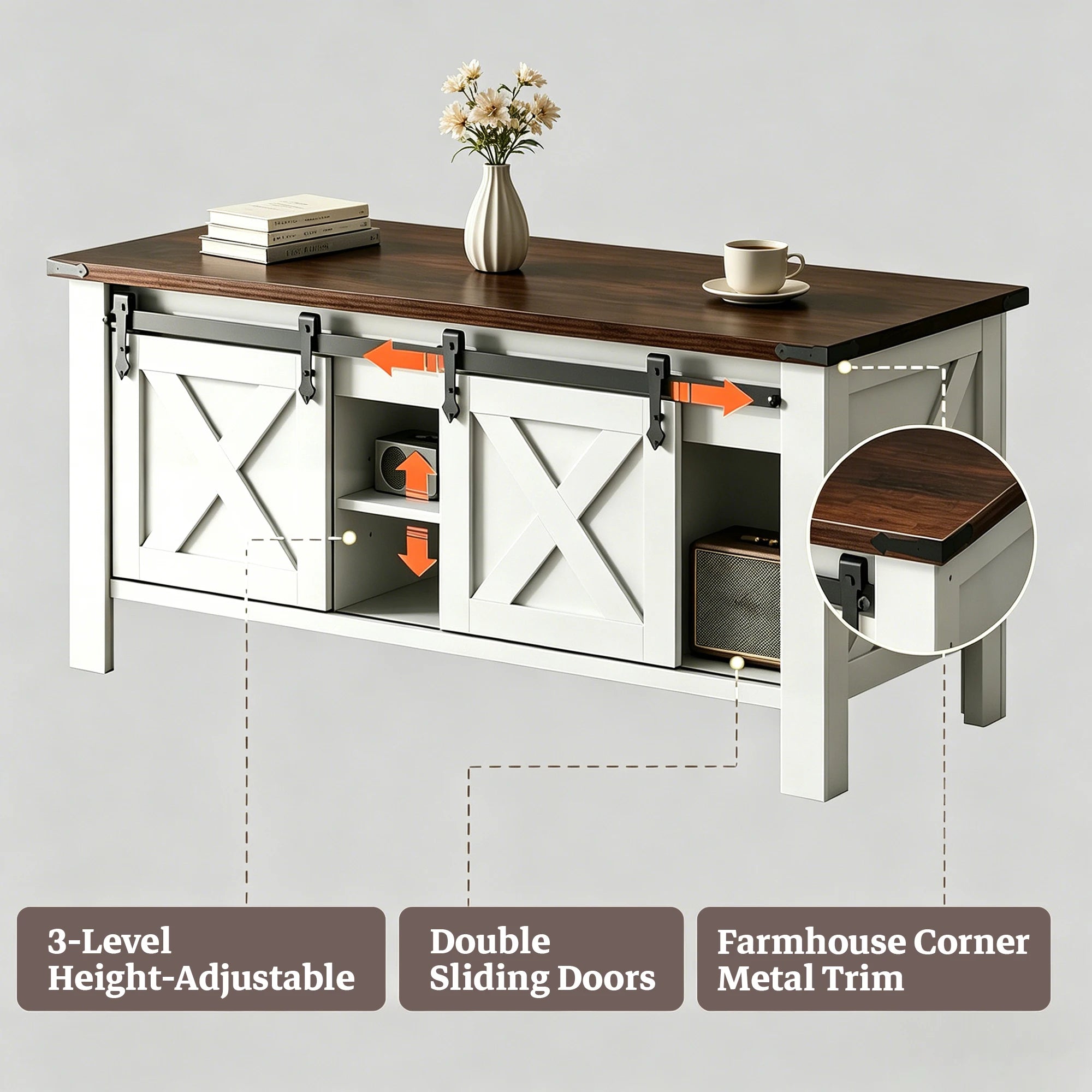 Coffee Table-Storage, White, 47.2" Lift Top, Center Table, Large Hidden Compartment, Sliding Barn Doors & Adjustable, Shelf Support, Daily Work, Dining, Leisure Use