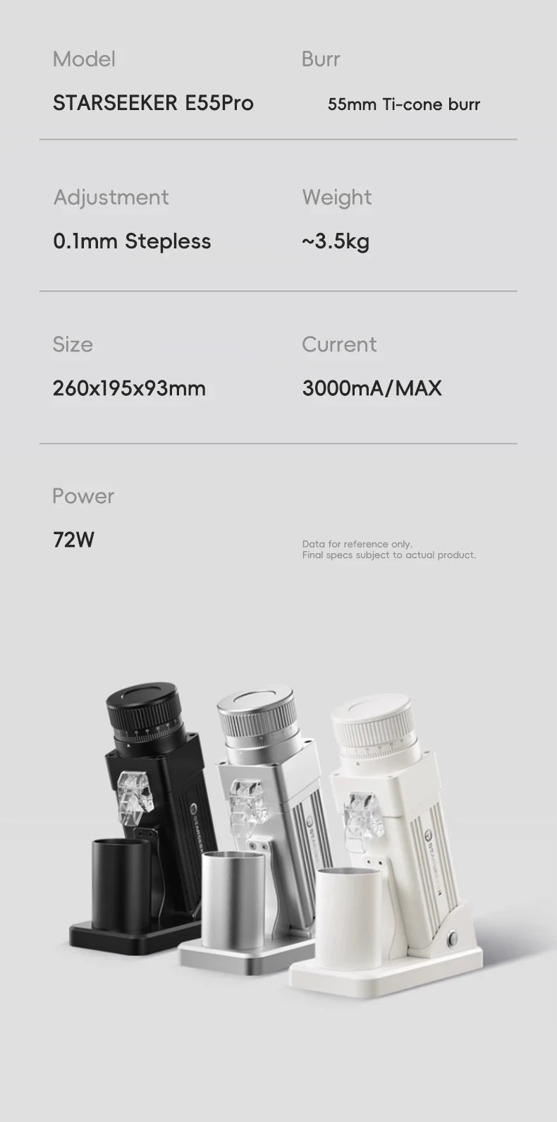 Coffee Grinder-Electric 55MM Espresso Cone burr Stepless Fineness Adjustment Cold Brew Bean Grinder STARSEEKER E55Pro