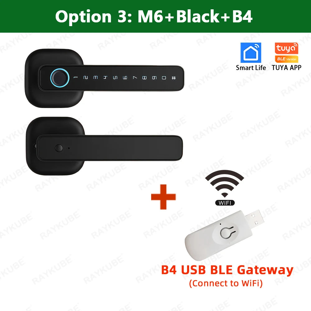 M6 Digital Fingerprint Door Lock by RAYKUBE with Tuya BLE – Password, Key, IC Card & Smartlife App Unlock