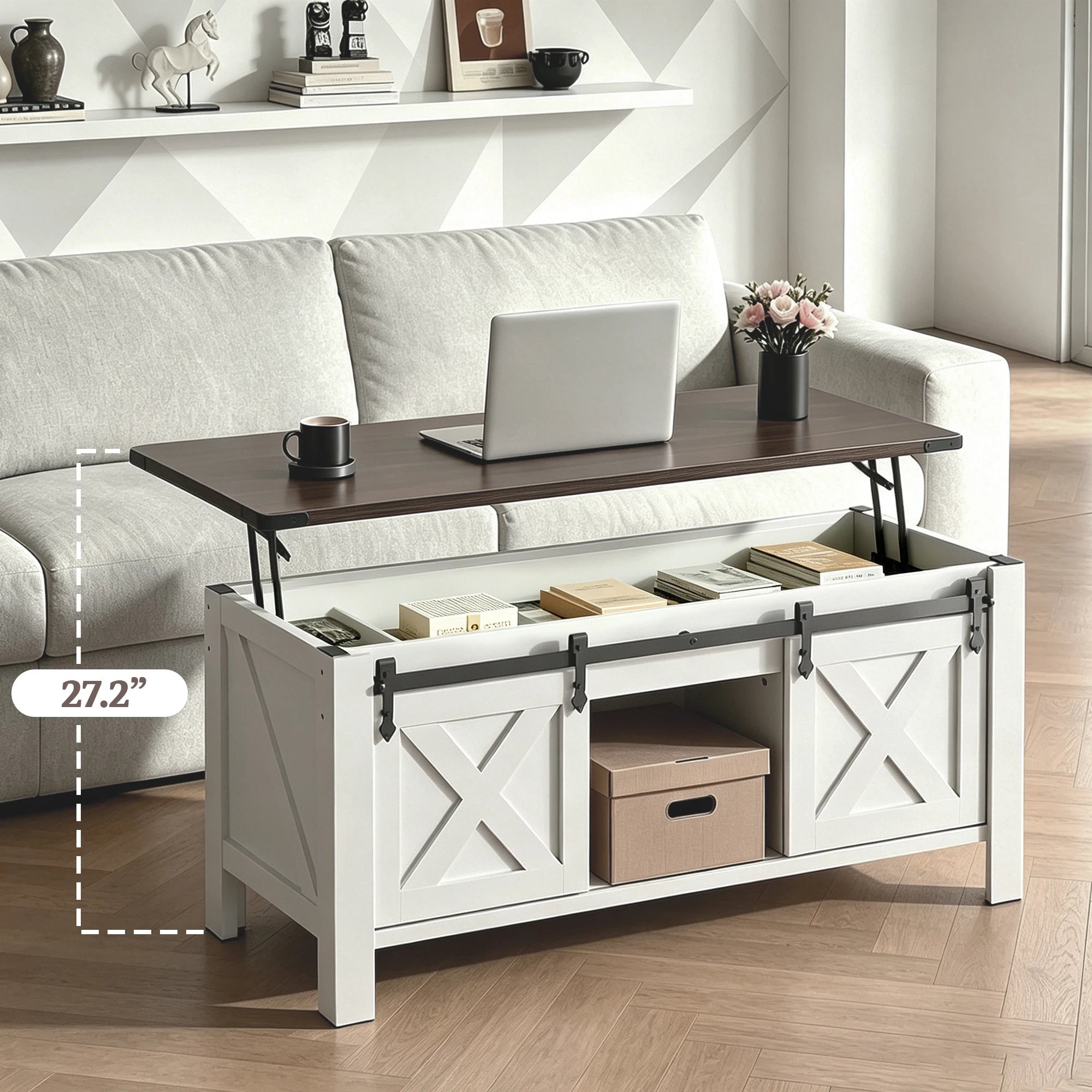 Coffee Table-Storage, White, 47.2" Lift Top, Center Table, Large Hidden Compartment, Sliding Barn Doors & Adjustable, Shelf Support, Daily Work, Dining, Leisure Use