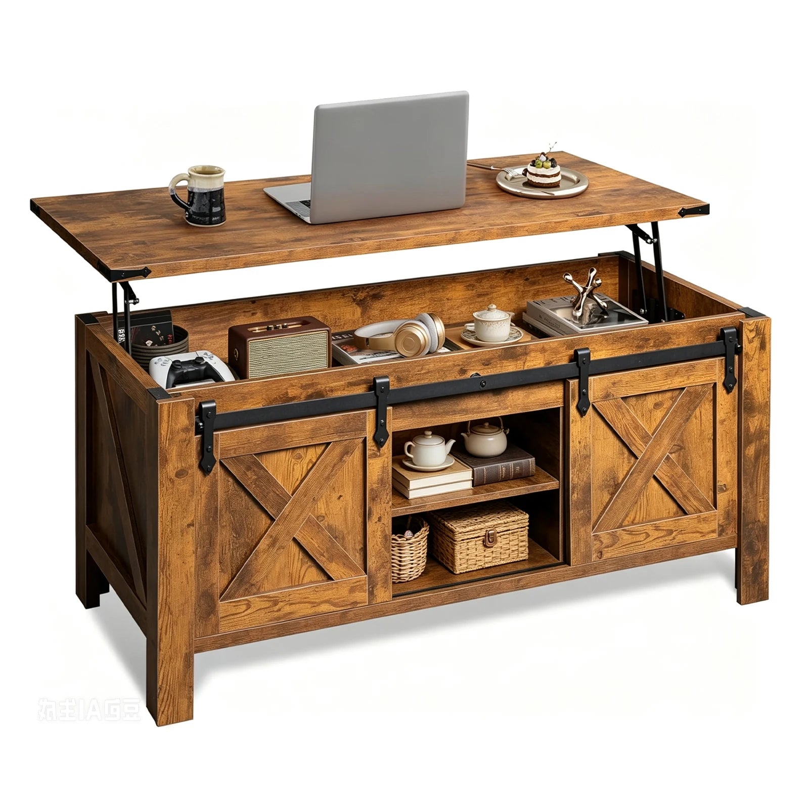 Coffee Table-Storage, White, 47.2" Lift Top, Center Table, Large Hidden Compartment, Sliding Barn Doors & Adjustable, Shelf Support, Daily Work, Dining, Leisure Use
