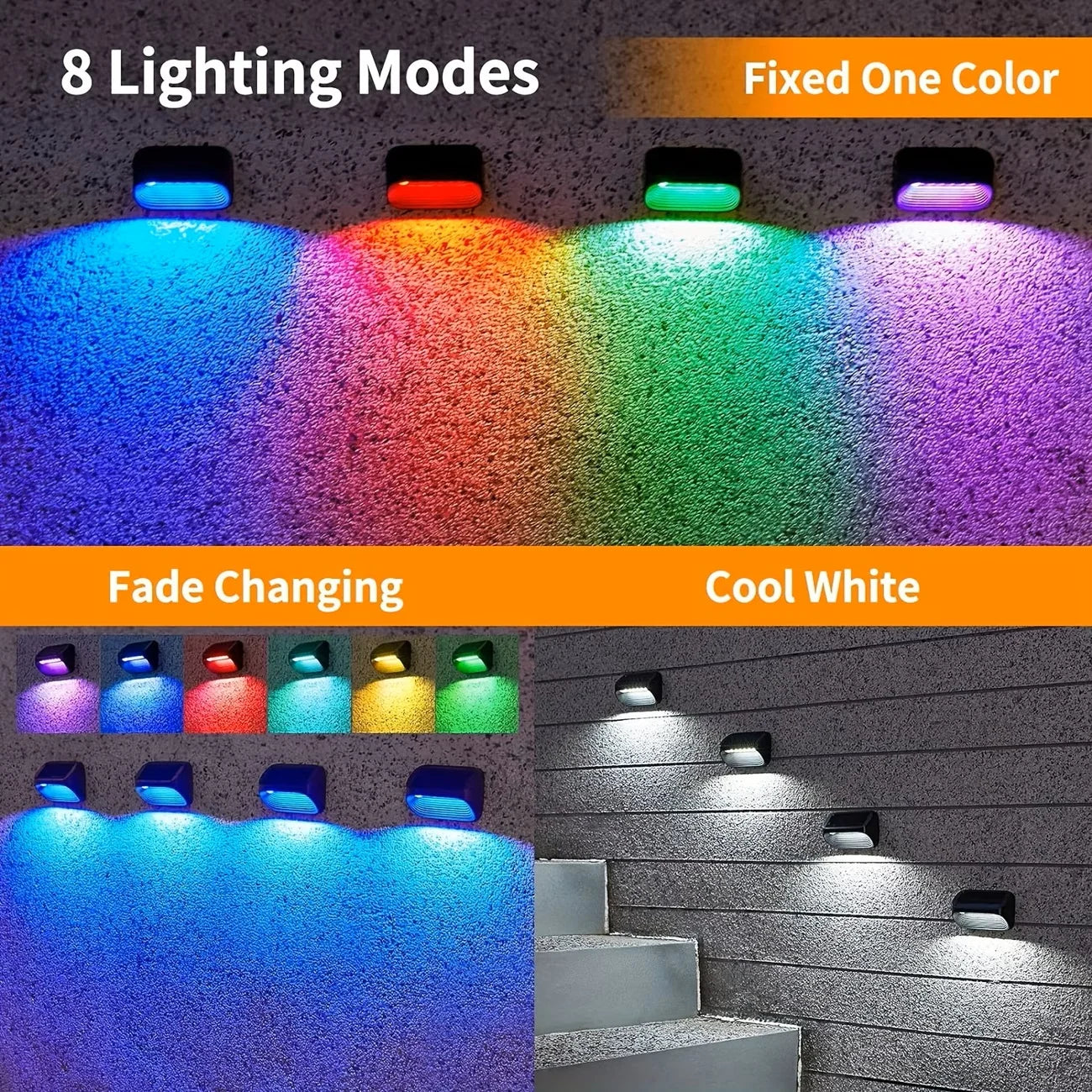 LED Solar Lights-Solar Wall Fence Lights,  Outdoor Waterproof Lamp, Warm White RGB Modes, Backyard, Patio, Deck, Railing, Wall Lights
