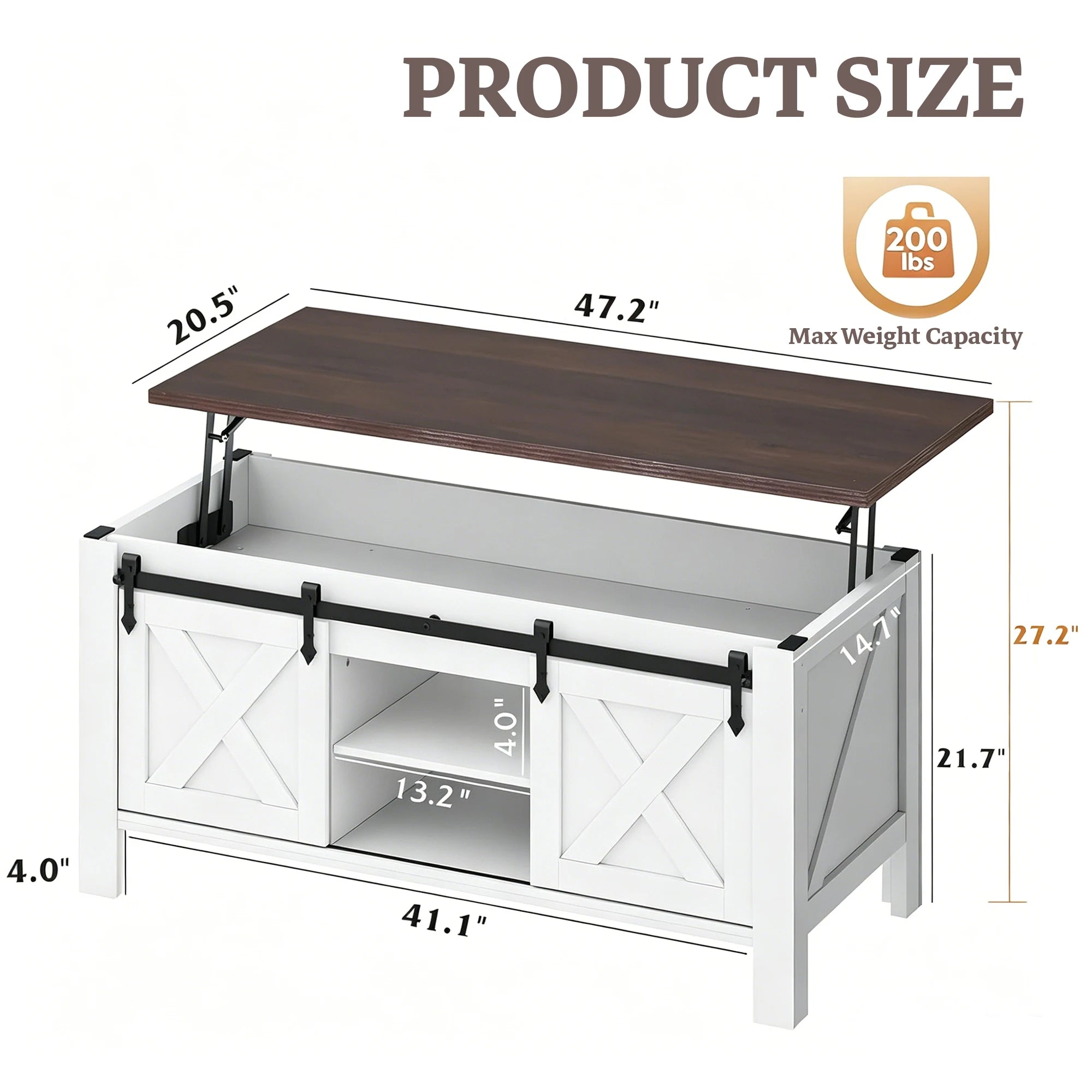 Coffee Table-Storage, White, 47.2" Lift Top, Center Table, Large Hidden Compartment, Sliding Barn Doors & Adjustable, Shelf Support, Daily Work, Dining, Leisure Use
