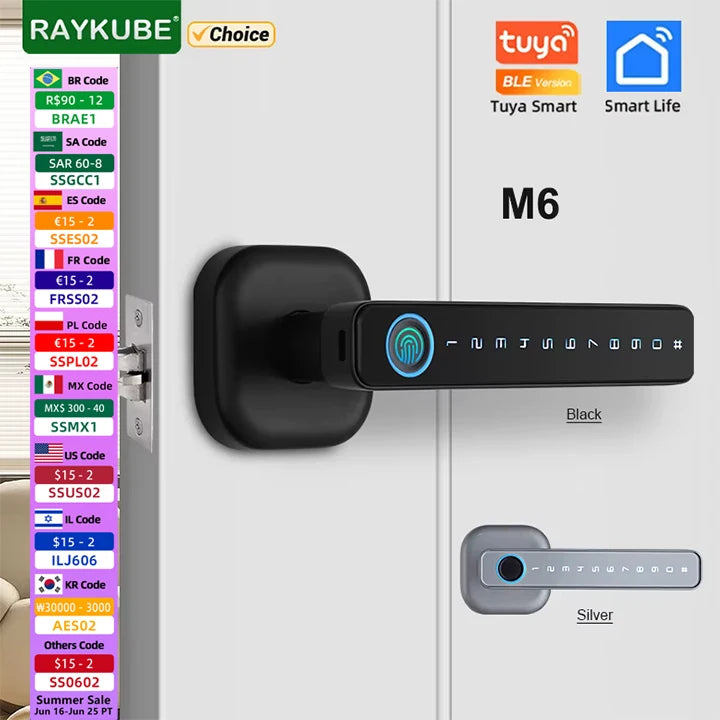 M6 Digital Fingerprint Door Lock by RAYKUBE with Tuya BLE – Password, Key, IC Card & Smartlife App Unlock