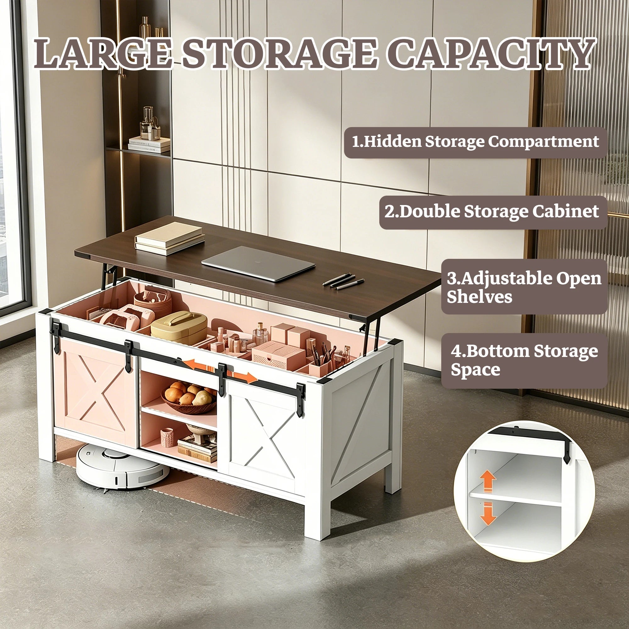 Coffee Table-Storage, White, 47.2" Lift Top, Center Table, Large Hidden Compartment, Sliding Barn Doors & Adjustable, Shelf Support, Daily Work, Dining, Leisure Use