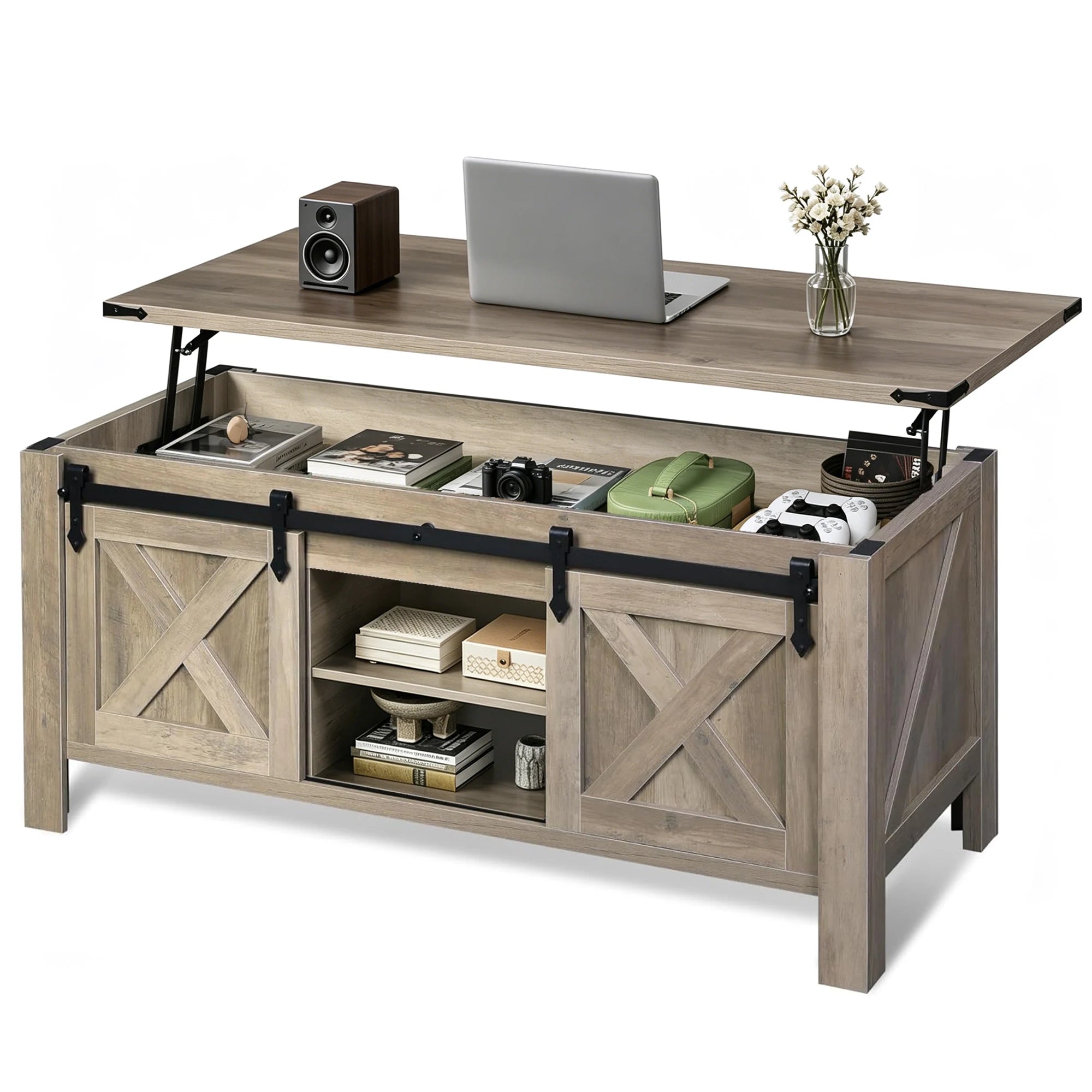 Coffee Table-Storage, White, 47.2" Lift Top, Center Table, Large Hidden Compartment, Sliding Barn Doors & Adjustable, Shelf Support, Daily Work, Dining, Leisure Use