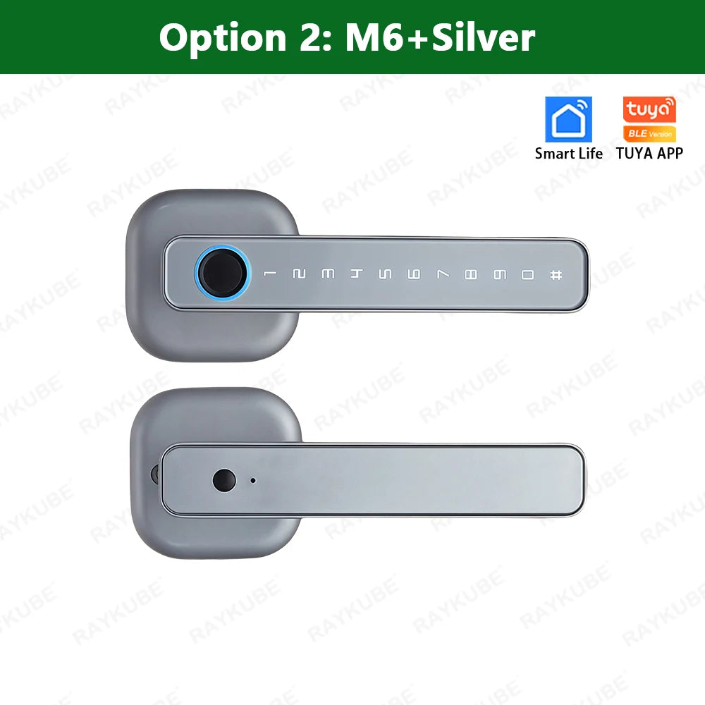 M6 Digital Fingerprint Door Lock by RAYKUBE with Tuya BLE – Password, Key, IC Card & Smartlife App Unlock