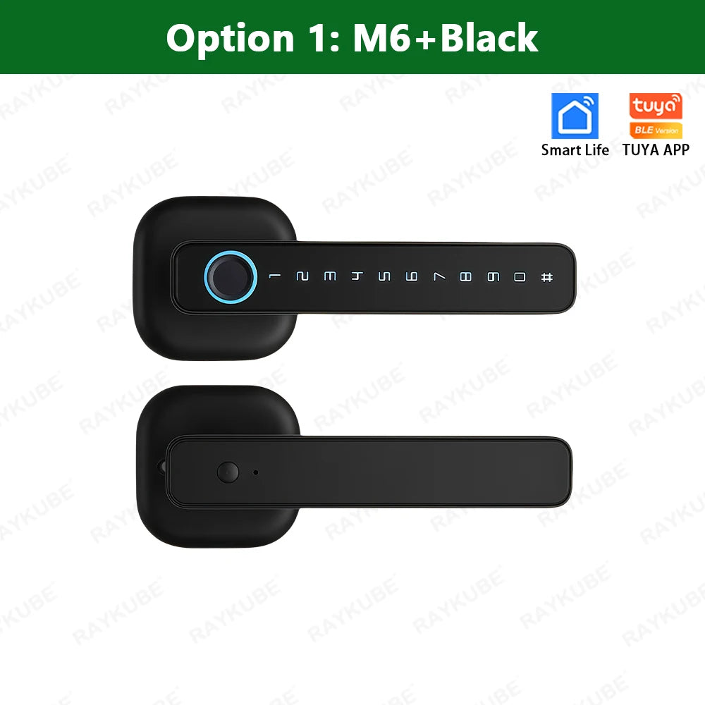 M6 Digital Fingerprint Door Lock by RAYKUBE with Tuya BLE – Password, Key, IC Card & Smartlife App Unlock