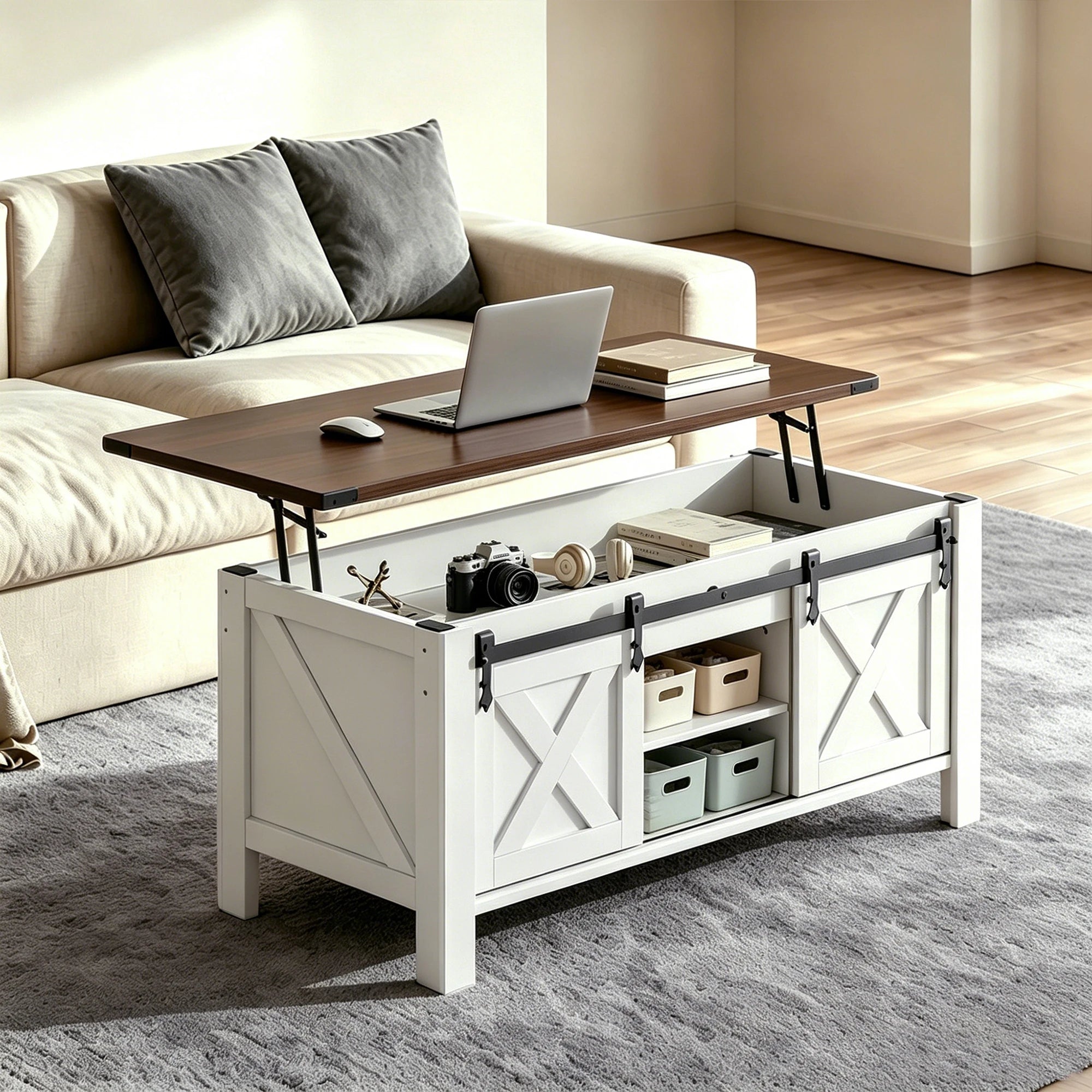 Coffee Table-Storage, White, 47.2" Lift Top, Center Table, Large Hidden Compartment, Sliding Barn Doors & Adjustable, Shelf Support, Daily Work, Dining, Leisure Use