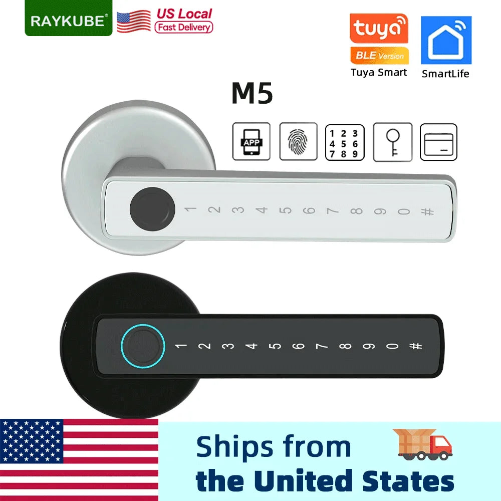 M5 Smart Fingerprint Door Lock by RAYKUBE with Tuya BLE – Password, Key, Card & App Unlock + Free US Delivery