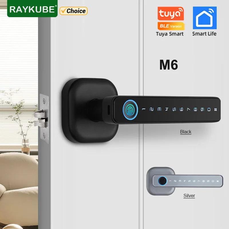 M6 Digital Fingerprint Door Lock by RAYKUBE with Tuya BLE – Password, Key, IC Card & Smartlife App Unlock