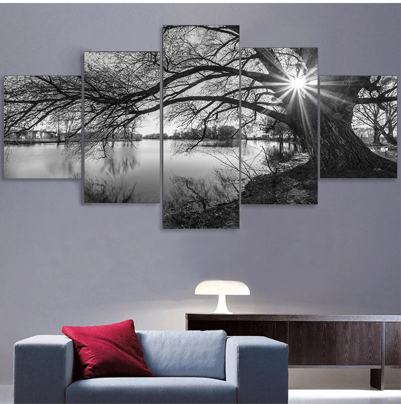 Canvas Wall Art – 5-Piece Set - Monochrome Tree & River Painting for Home Decoration