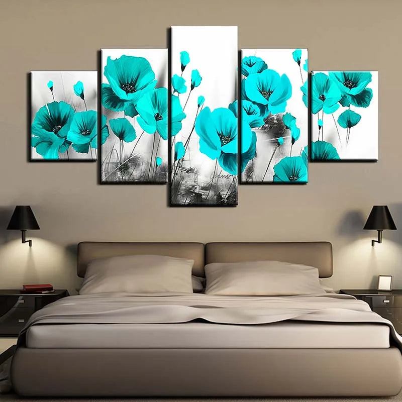 Canvas Painting-5 Panels/Set, Red Poppy Flower, Landscape, Rose Posters and Prints, Wall Art Pictures