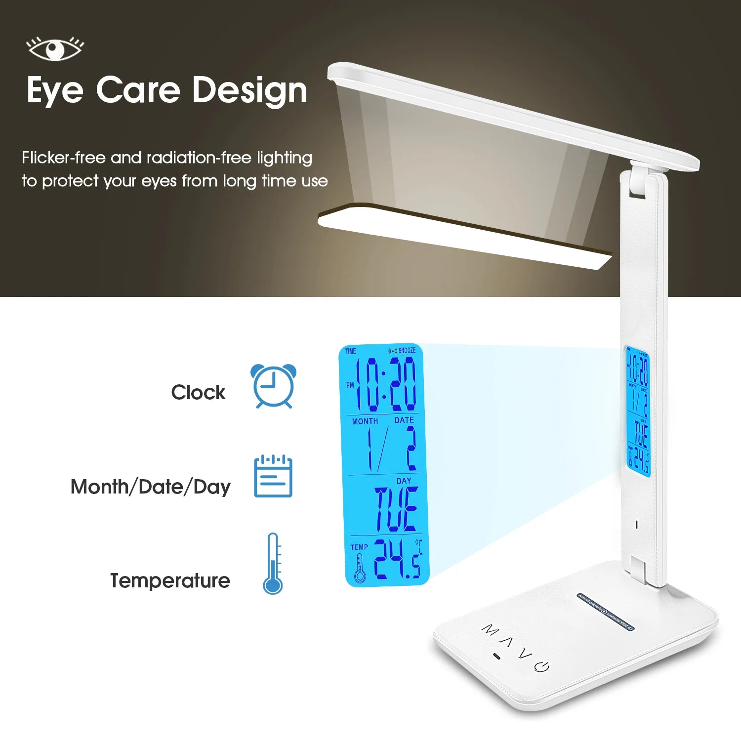 Wireless Charging LED Desk Lamp LAOPAO 10W QI, With Calendar, Temperature, Alarm Clock, Eye Protect, Study Business Light Table Lamp