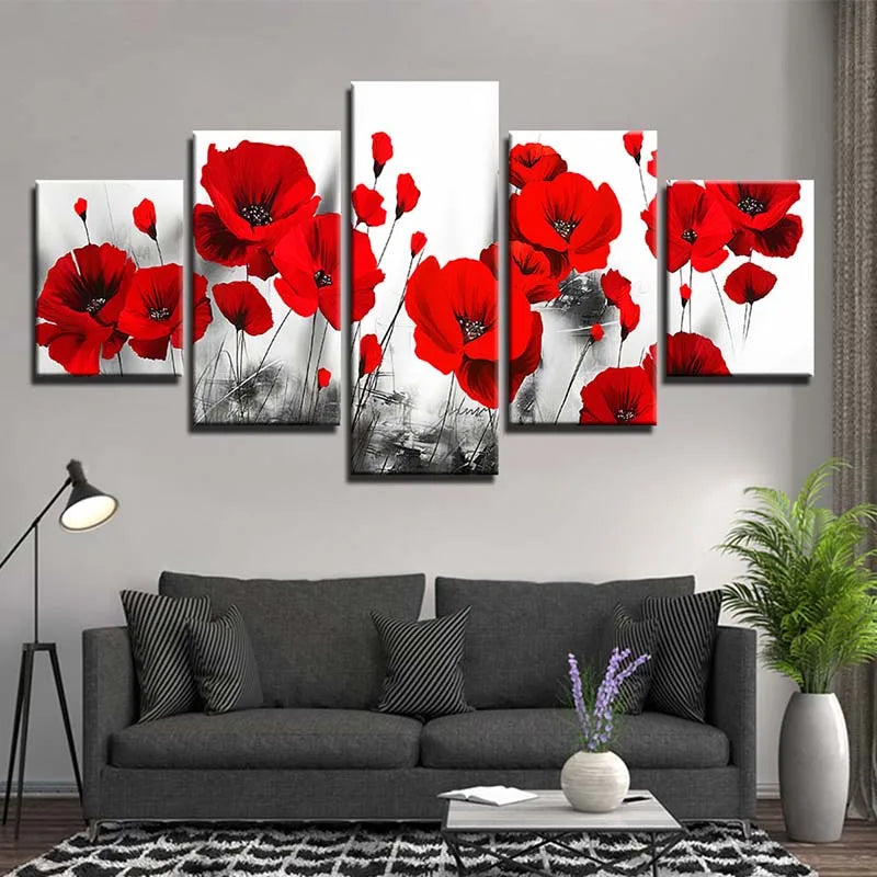 Canvas Painting-5 Panels/Set, Red Poppy Flower, Landscape, Rose Posters and Prints, Wall Art Pictures
