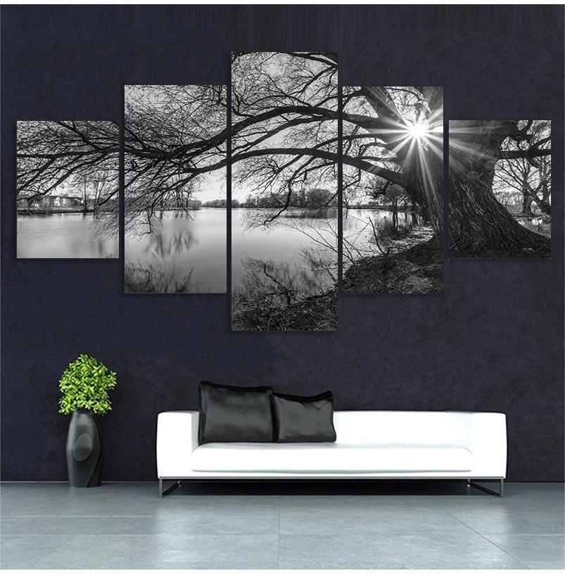 Canvas Wall Art – 5-Piece Set - Monochrome Tree & River Painting for Home Decoration