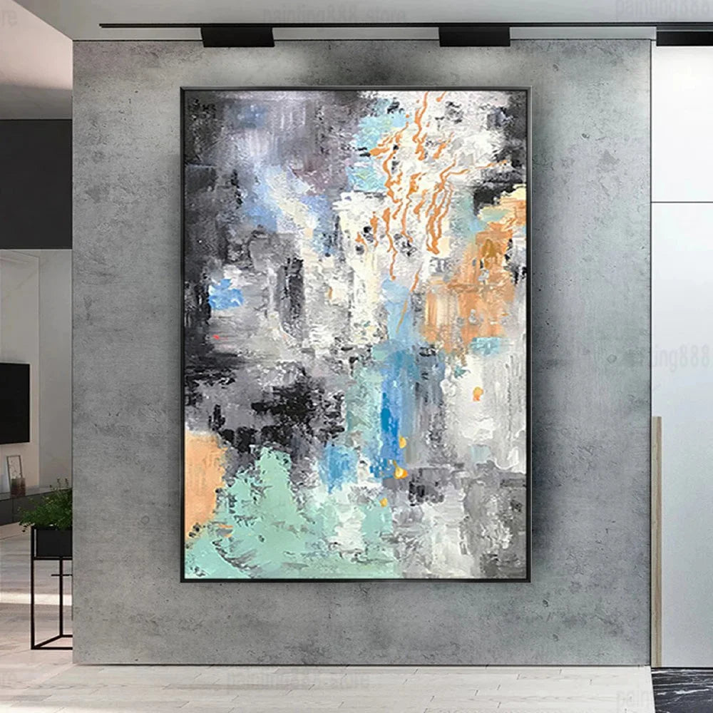 Abstract Oil Painting On Canvas-Handmade, Texture Wall Art, Pattern E-Blue And Off-White