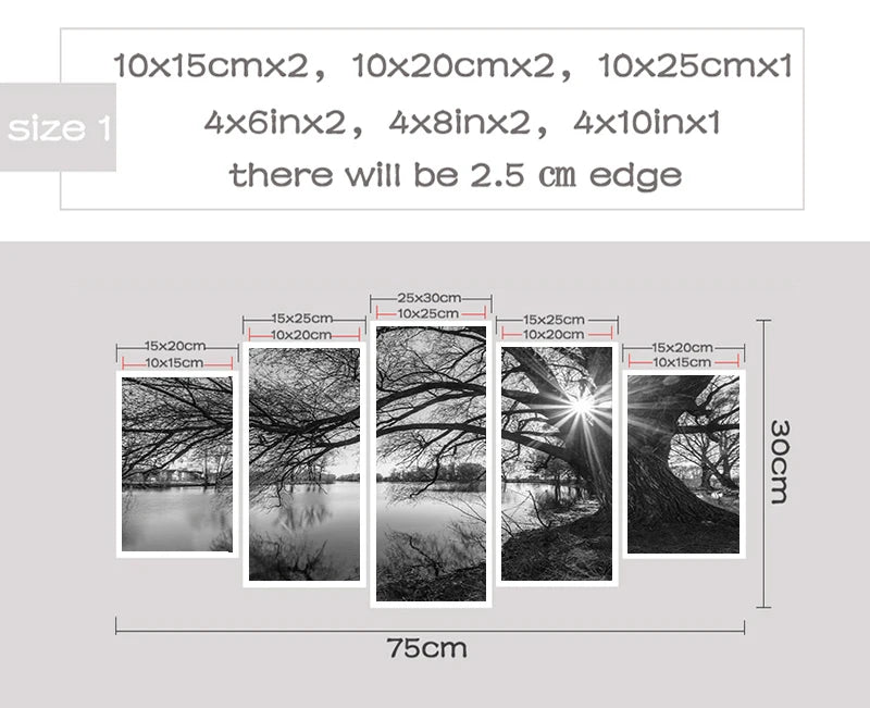 Canvas Wall Art – 5-Piece Set - Monochrome Tree & River Painting for Home Decoration