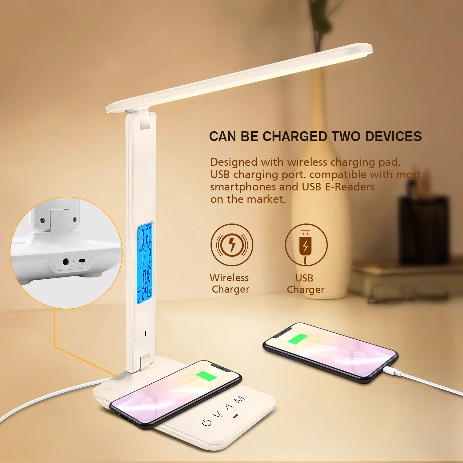 Wireless Charging LED Desk Lamp LAOPAO 10W QI, With Calendar, Temperature, Alarm Clock, Eye Protect, Study Business Light Table Lamp