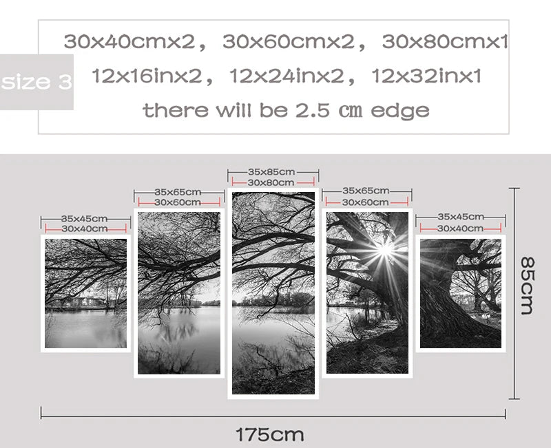 Canvas Wall Art – 5-Piece Set - Monochrome Tree & River Painting for Home Decoration