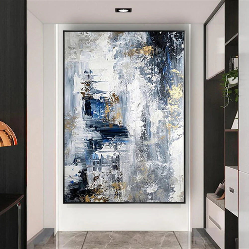 Abstract Oil Painting On Canvas-Handmade, Texture Wall Art, Pattern B-Blue And Off-White
