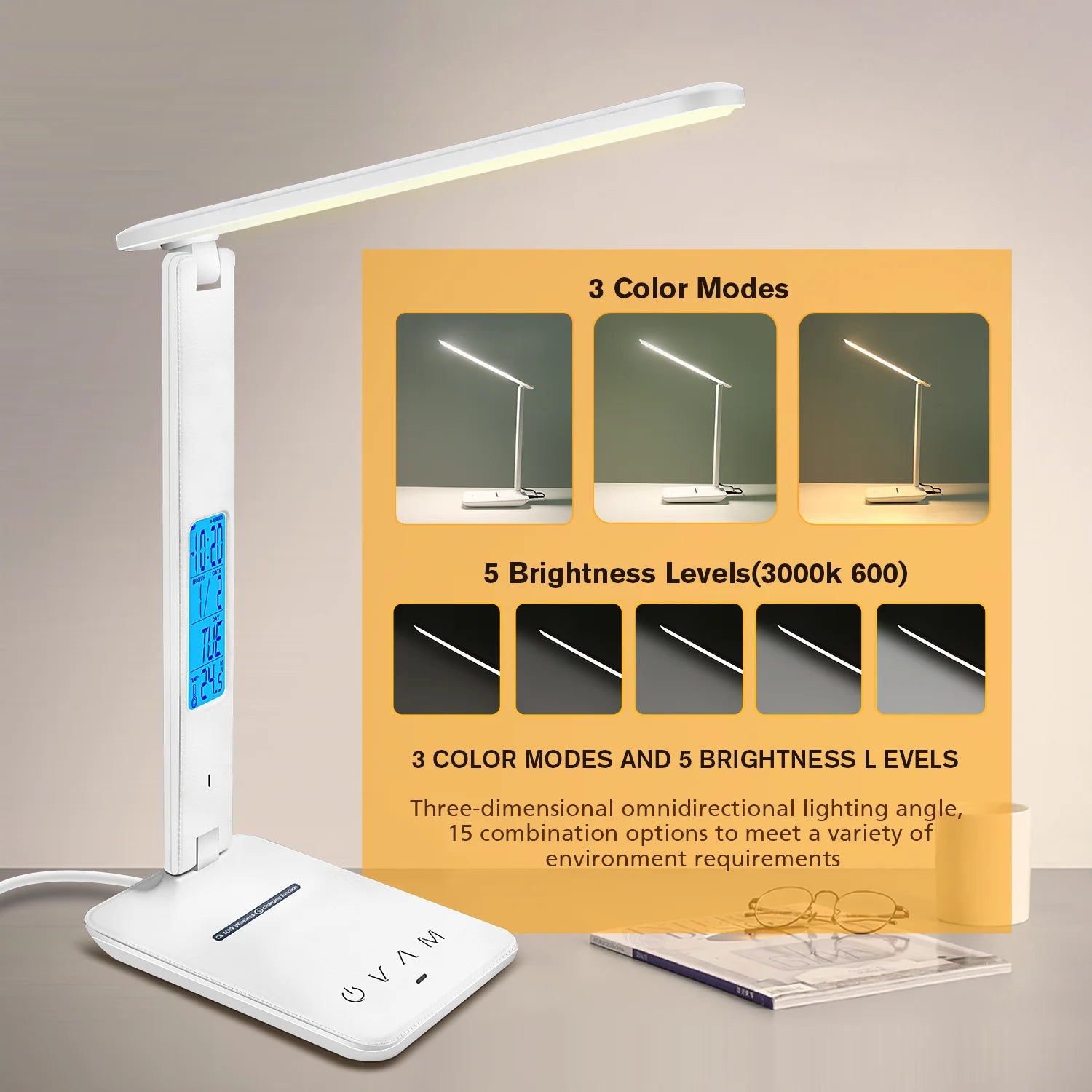 LED Desk Lamp-LAOPAO 10W QI Wireless Charging With Calendar Temperature Alarm Clock, Eye Protect, Study Business Light, Table Lamp