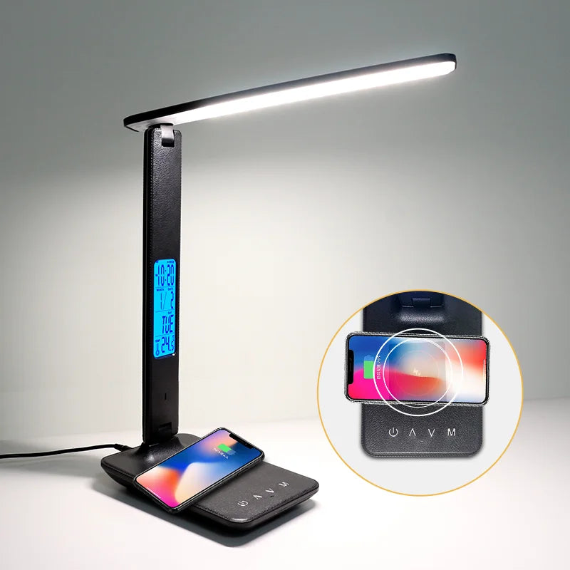 Wireless Charging LED Desk Lamp LAOPAO 10W QI, With Calendar, Temperature, Alarm Clock, Eye Protect, Study Business Light Table Lamp