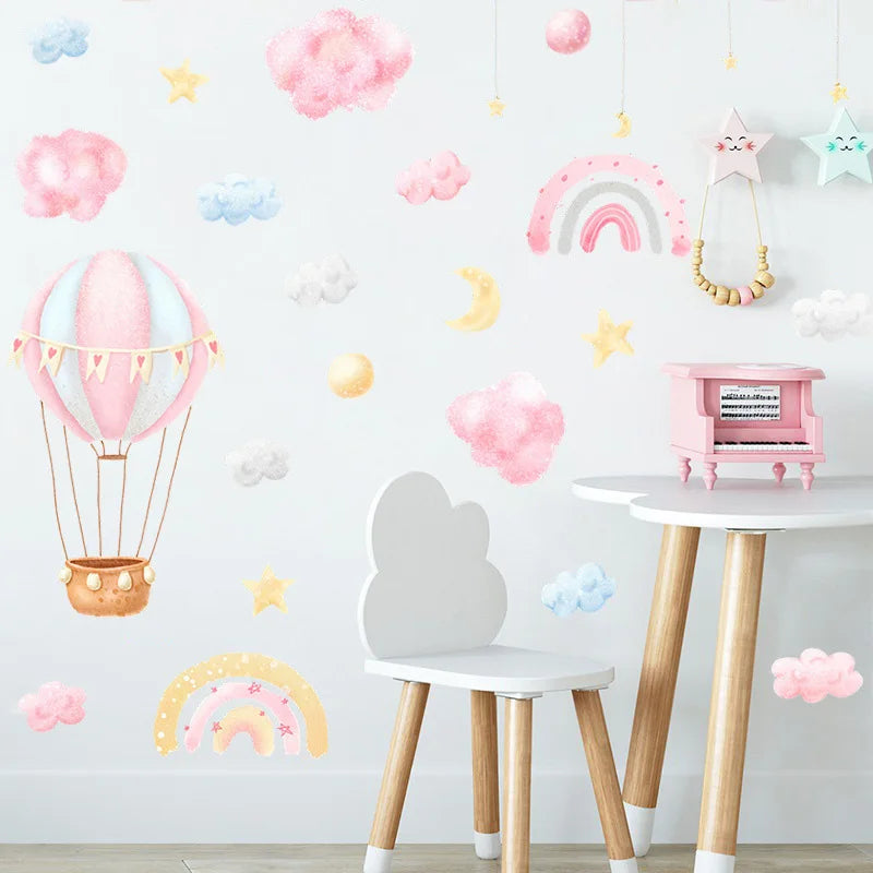 Home Decor: Wall Sticker: Cartoon Rainbow Cloud Hot Air Balloon