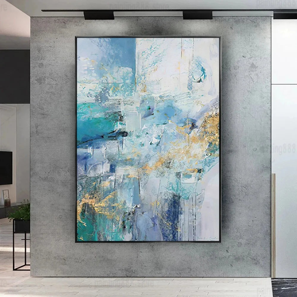 Wall Art- Image E On Canvas, Handmade Abstract Oil Painting,  Blue And Off-white Texture Wall Art, Aisle Original Artwork