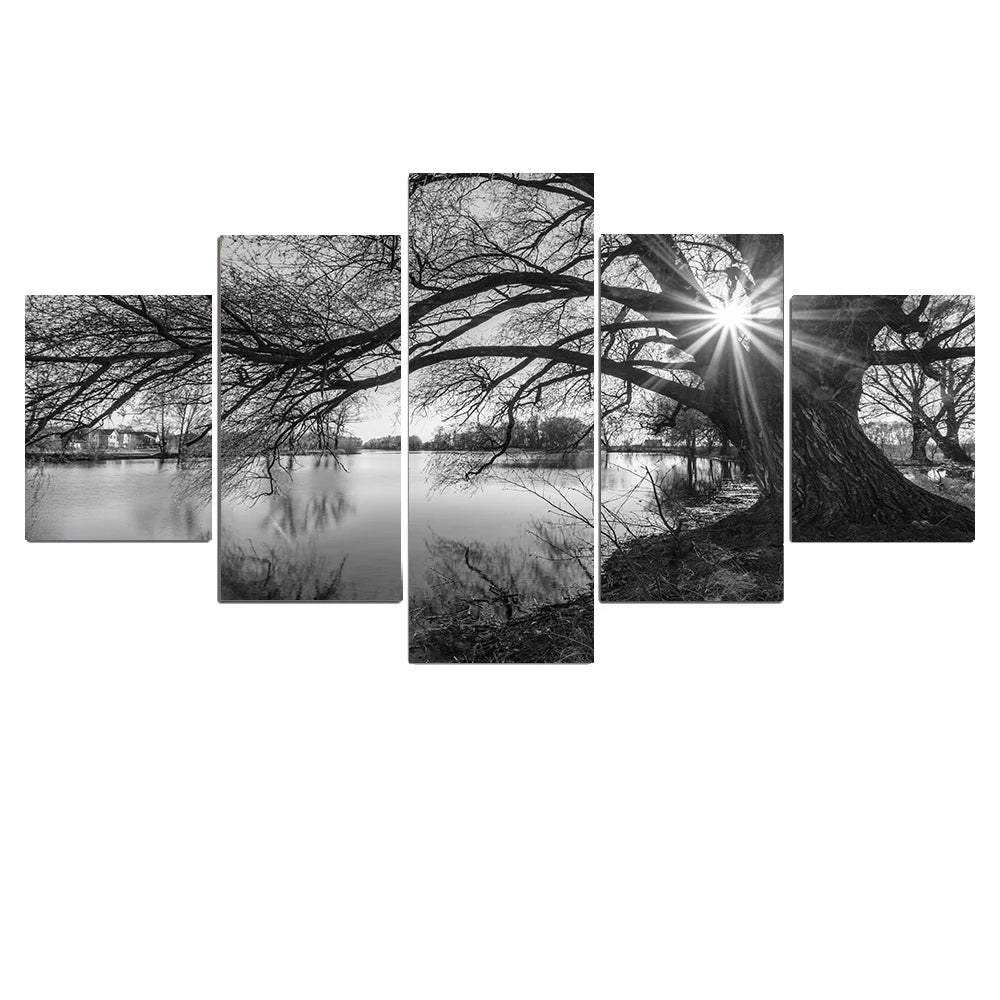 Canvas Wall Art – 5-Piece Set - Monochrome Tree & River Painting for Home Decoration