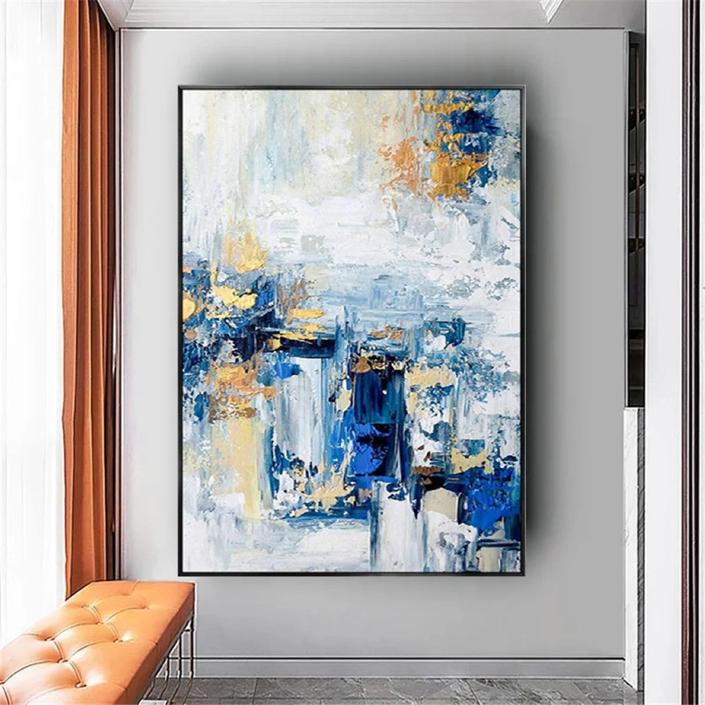 Abstract Oil Painting On Canvas-Handmade, Texture Wall Art, Pattern A-Blue And Off-White