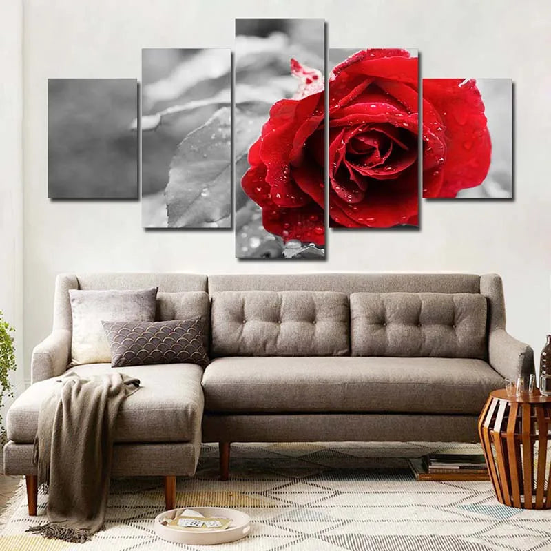 Canvas Painting-5 Panels/Set, Red Poppy Flower, Landscape, Rose Posters and Prints, Wall Art Pictures