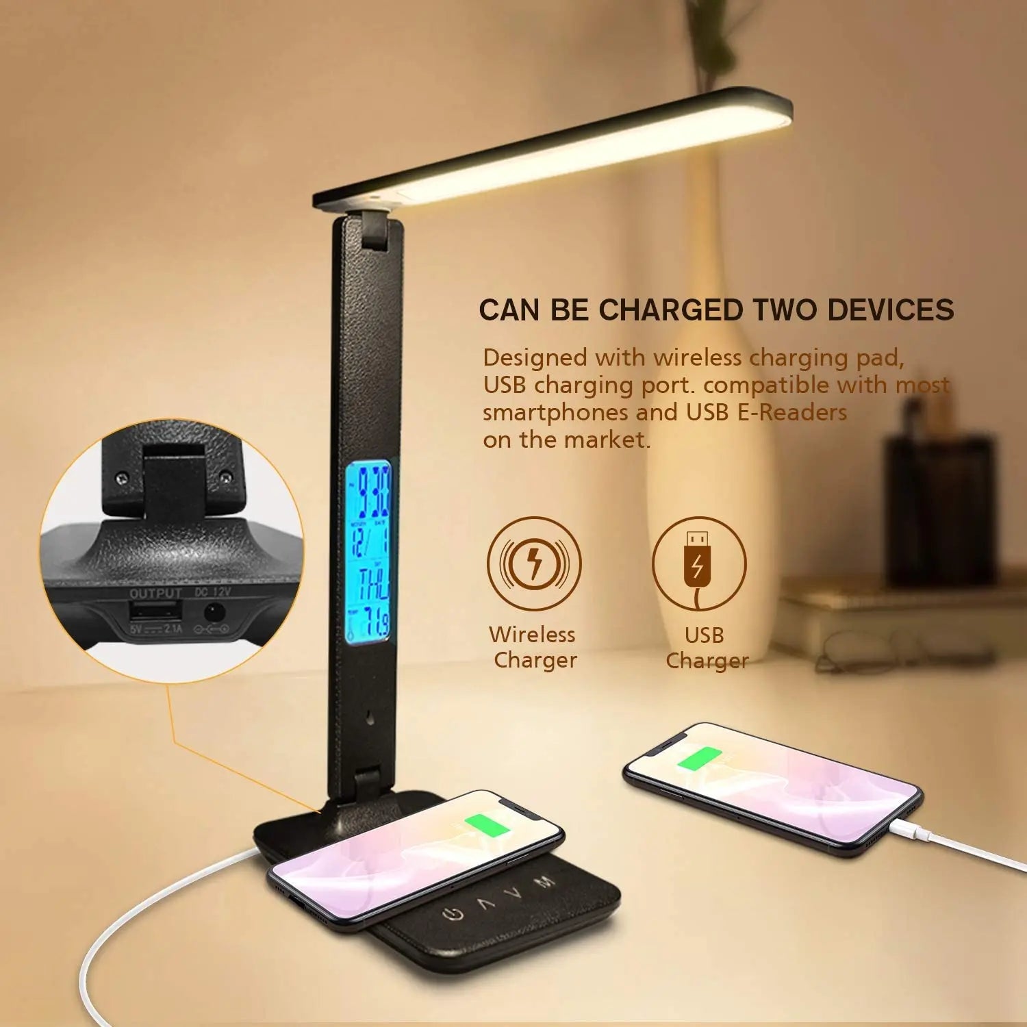 Wireless Charging LED Desk Lamp LAOPAO 10W QI, With Calendar, Temperature, Alarm Clock, Eye Protect, Study Business Light Table Lamp