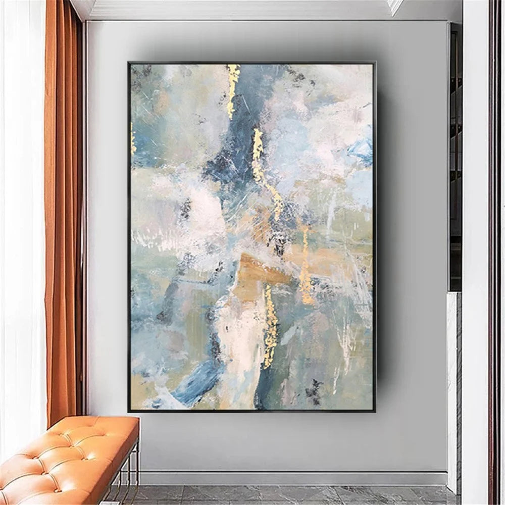 Abstract Oil Painting On Canvas-Handmade, Texture Wall Art, Pattern D-Blue And Off-White