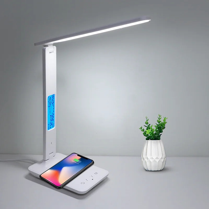 Wireless Charging LED Desk Lamp LAOPAO 10W QI, With Calendar, Temperature, Alarm Clock, Eye Protect, Study Business Light Table Lamp