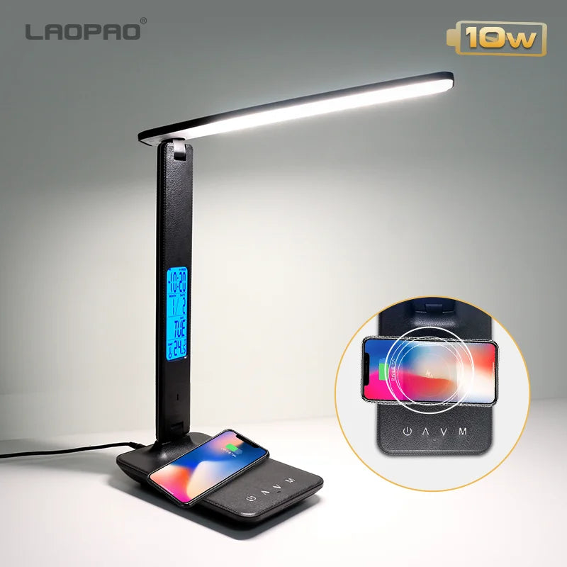 Wireless Charging LED Desk Lamp LAOPAO 10W QI, With Calendar, Temperature, Alarm Clock, Eye Protect, Study Business Light Table Lamp
