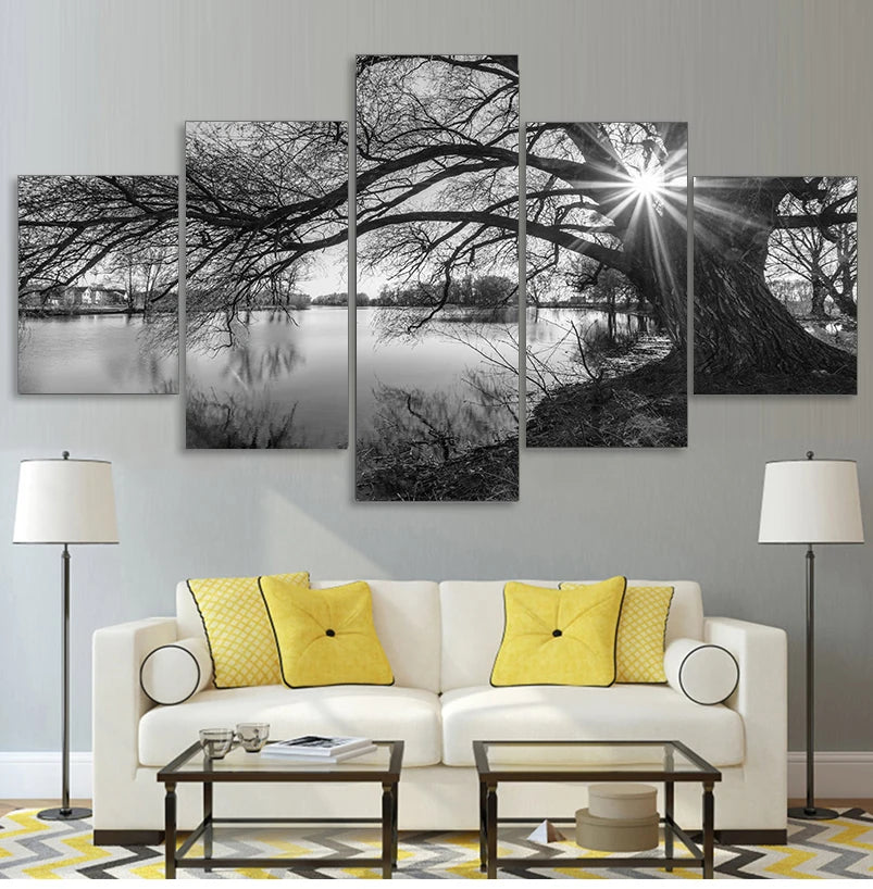 Canvas Wall Art – 5-Piece Set - Monochrome Tree & River Painting for Home Decoration
