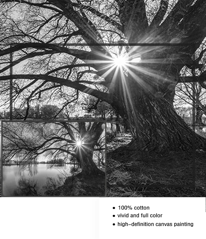 Canvas Wall Art – 5-Piece Set - Monochrome Tree & River Painting for Home Decoration