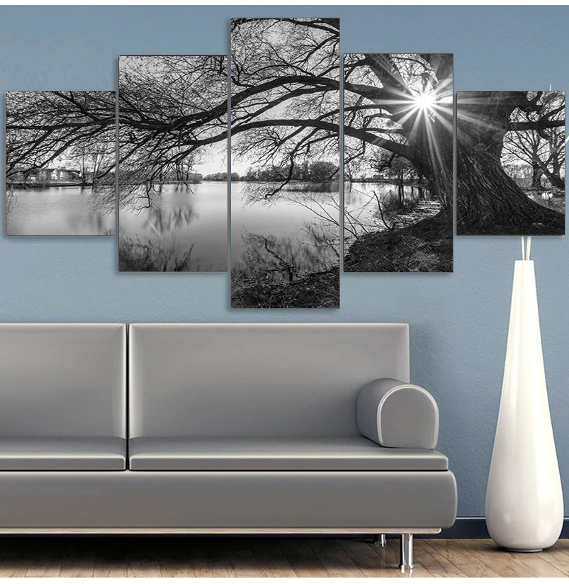 Canvas Wall Art – 5-Piece Set - Monochrome Tree & River Painting for Home Decoration