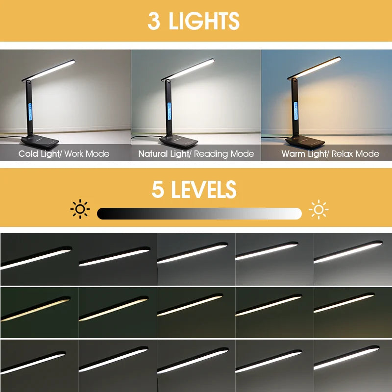 LED Desk Lamp-LAOPAO 10W QI Wireless Charging With Calendar Temperature Alarm Clock, Eye Protect, Study Business Light, Table Lamp