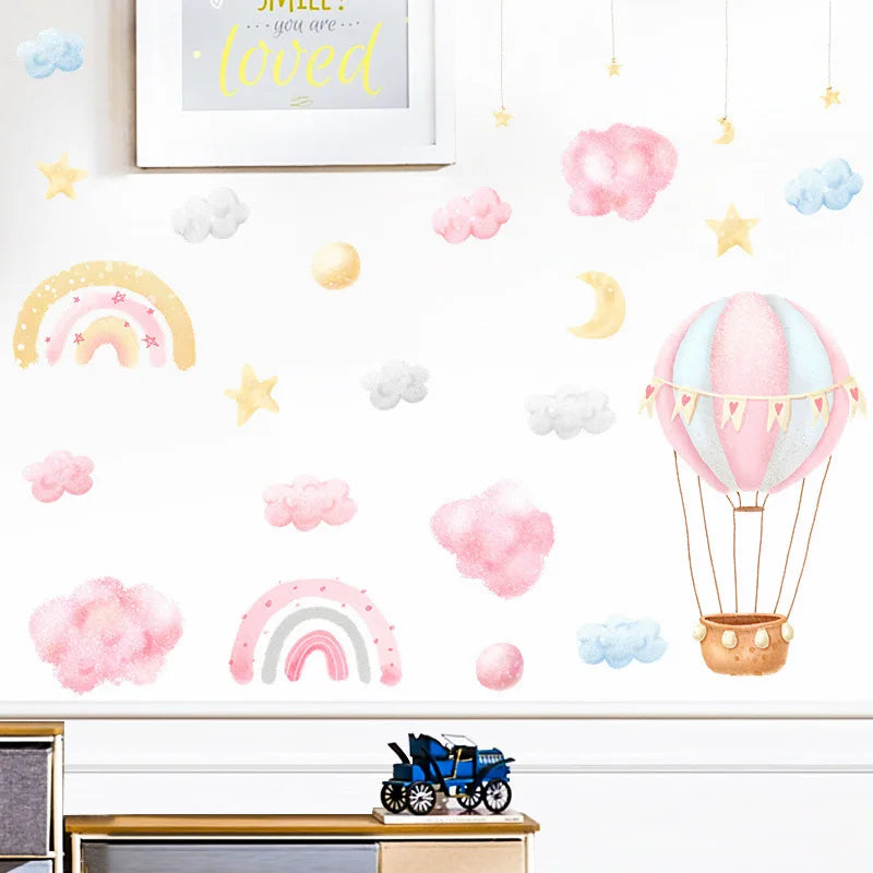 Home Decor: Wall Sticker: Cartoon Rainbow Cloud Hot Air Balloon