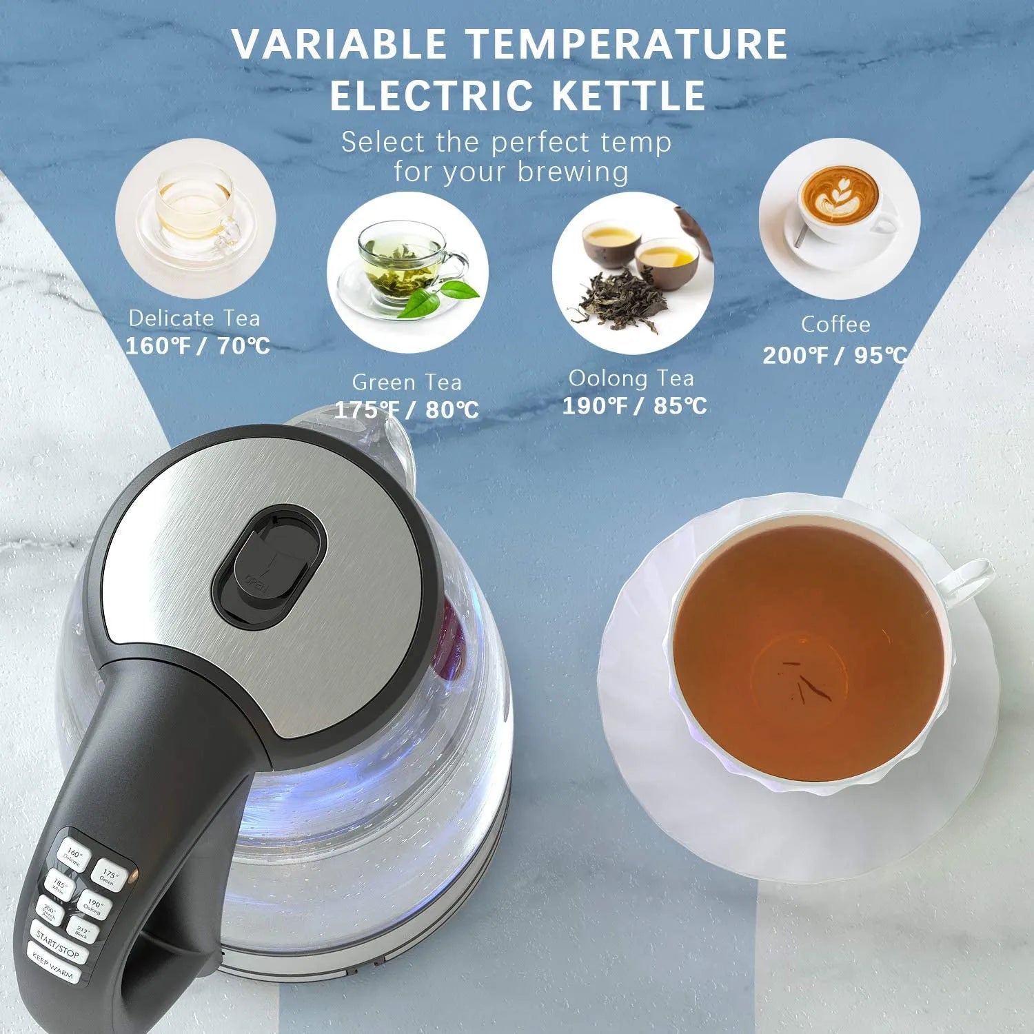 Electric Glass Kettle-2200W Fast Boiling, Temperature Control, 4-Hour Keep Warm, 2.0L Tea Kettle & Hot Water Boiler, by DEVISIB