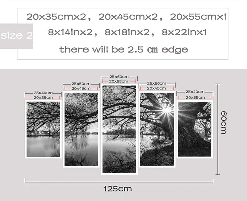 Canvas Wall Art – 5-Piece Set - Monochrome Tree & River Painting for Home Decoration