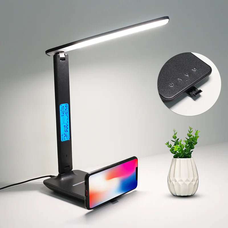 Wireless Charging LED Desk Lamp LAOPAO 10W QI, With Calendar, Temperature, Alarm Clock, Eye Protect, Study Business Light Table Lamp