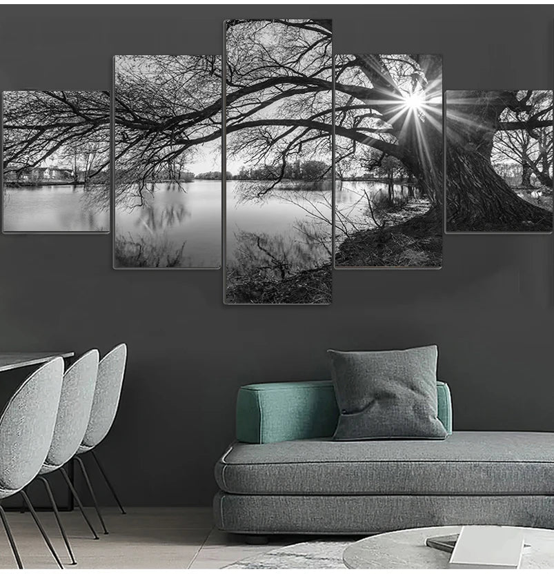 Canvas Wall Art – 5-Piece Set - Monochrome Tree & River Painting for Home Decoration
