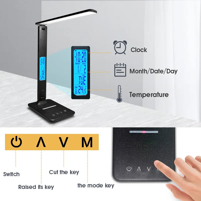 Wireless Charging LED Desk Lamp LAOPAO 10W QI, With Calendar, Temperature, Alarm Clock, Eye Protect, Study Business Light Table Lamp