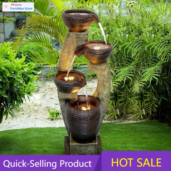 Water Fountain-LED Lights, 4-Tier Crocks, 40 in Tall, Outdoor Waterfall, Large Garden Fountain